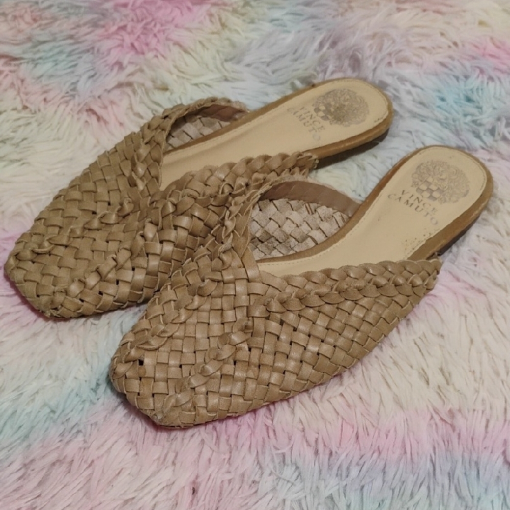 SALE! Vince Camuto Loralee Tan Woven Leather Mules
